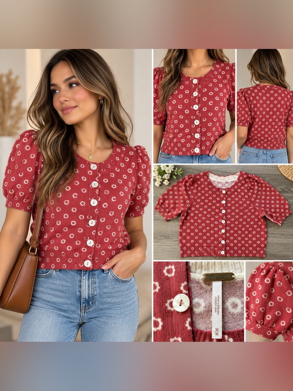 Free People Red Floral Dot Puff Sleeve Button-Up Top